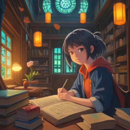 A serene and inspiring scene, a young student studying under a gentle sunlight, surrounded by floating symbols of knowledge and wisdom, vibrant books and scrolls hovering around, warm colors, uplifting atmosphere, spiritual energy manifesting as shimmering light, harmonious balance between nature and learning, 4k