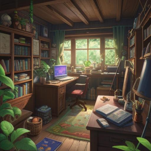 A vibrant and motivational study scene, with a colorful desk filled with lucky items like a four-leaf clover, a lucky charm, and an open textbook, warm sunlight streaming through the window, a notepad filled with inspirational quotes, surrounded by plants and a cozy atmosphere, 4k