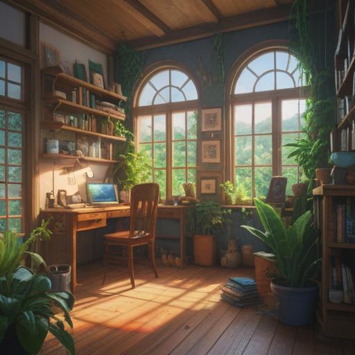 A serene study space, natural light pouring in through a large window, a wooden desk cluttered with colorful stationery, plants adding a touch of greenery, organized bookshelves filled with educational materials, a comfortable chair, inspiring wall art, peaceful ambiance, inviting atmosphere, 4k