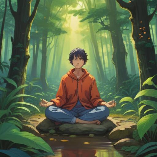 A serene illustration depicting a person meditating in a tranquil forest, vibrant greenery surrounding them, gentle sunlight filtering through the leaves, a sense of peace and clarity in their expression, symbols of good energy and health around them, harmonious atmosphere, spiritual awakening, mindful tranquility, 4k