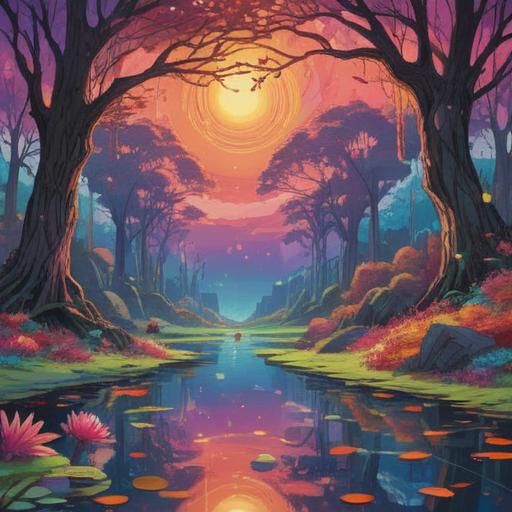 A surreal representation of spiritual cleansing, vibrant colors, abstract patterns symbolizing abundance, flowing energy and light, a serene landscape featuring a flowing river, organic forms representing release and transformation, peaceful ambiance, 4k