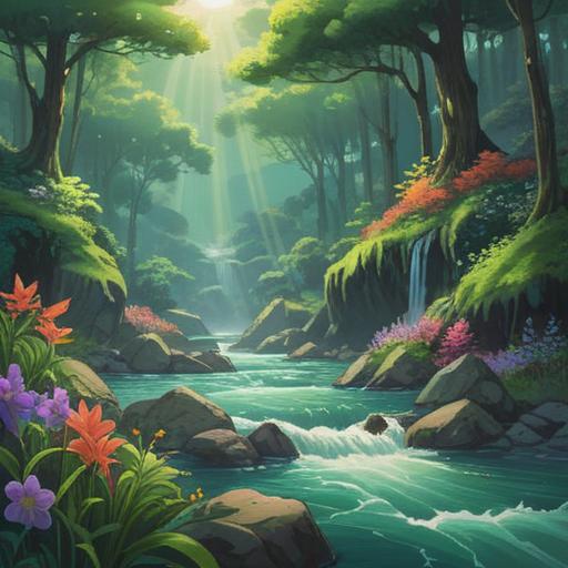 A serene nature scene, flowing river symbolizing purification, lush green landscape, vibrant flowers blooming, bright sunlight illuminating the surroundings, a peaceful atmosphere representing spiritual growth and abundance, gentle breeze rustling leaves, harmonious elements of nature, 4k