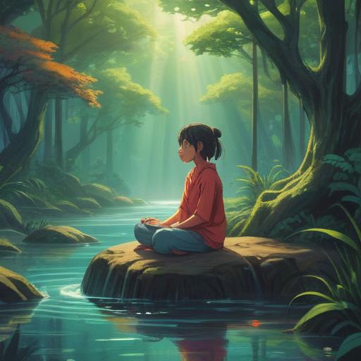 A serene and introspective scene, a person sitting peacefully in meditation, surrounded by natural elements like flowing water and trees, ethereal light illuminating the surroundings, symbols of spiritual awareness like chakras and om signs, a sense of release and cleansing, reflective mood, vibrant colors, harmonious composition, 4k