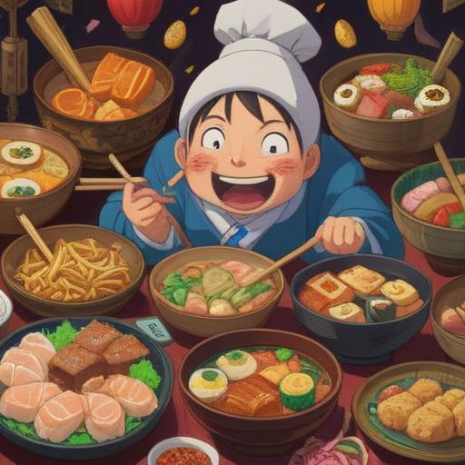 A humorous illustration of a cartoon character joyfully celebrating after a large bowel movement, surrounded by various lucky foods like sushi, dumplings, and four-leaf clovers, vibrant colors, cheerful atmosphere, playful expression, detailed food items, whimsical style, 4k