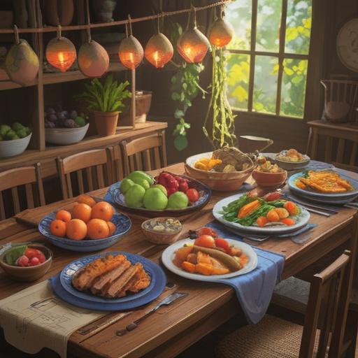 A calming and nourishing meal setup, colorful and balanced dishes arranged on a wooden table, fresh fruits and vegetables, a serene environment with soft natural light, a person enjoying a mindful meal, warm and inviting atmosphere, health and wellness focus, 4k