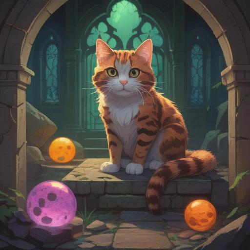 A mystical scene featuring a one-eyed cat sitting on a stone altar, surrounded by glowing orbs and ethereal light, symbolizing spiritual guidance, serene forest background with soft shadows, gentle mist enhancing the atmosphere, the cat with an enigmatic gaze, magical aura, representing good omens and intuition, high detail