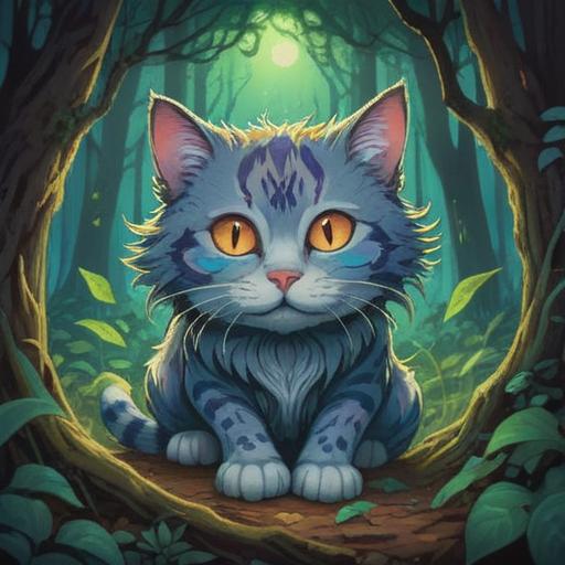 A mystical cat with one eye, revealing important spiritual signs, enchanting forest setting, glowing symbols around, ethereal light illuminating the scene, whimsical atmosphere, serene expression, soft colors, intricate details, magical realism, 4k