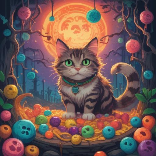 A surreal illustration of a one-eyed cat, surrounded by various lucky charms, vibrant colors, a mystical atmosphere, enchanting background with floating symbols of good fortune, detailed textures on the cat's fur, whimsical elements like four-leaf clovers and horseshoes, inviting warm light, magical realism, 4k