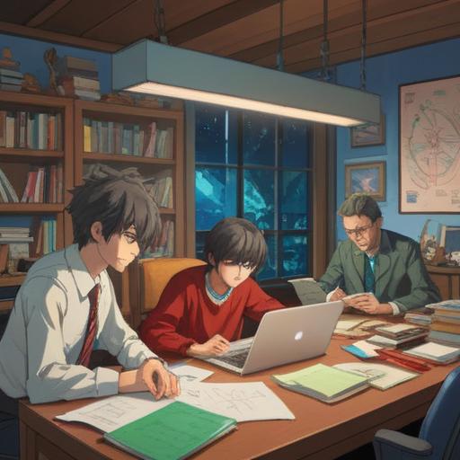 A serene office environment, multiple people collaborating around a large table, papers and laptops scattered with notes, charts and diagrams on the walls, warm lighting creating a cozy atmosphere, focused expressions, teamwork and communication, subtle details reflecting creativity and organization, 4k