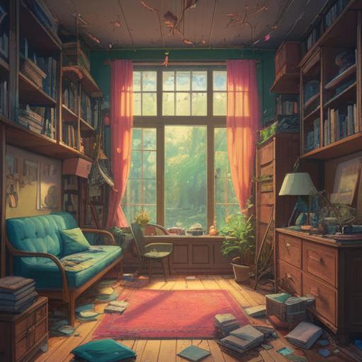 A serene and uplifting illustration, a person surrounded by a chaotic room, vibrant colors symbolizing clutter, ethereal light shining through windows, a sense of calmness emerging, spiritual awakening represented through a glowing aura, motivational quotes floating around, gentle pastel palette, 4k
