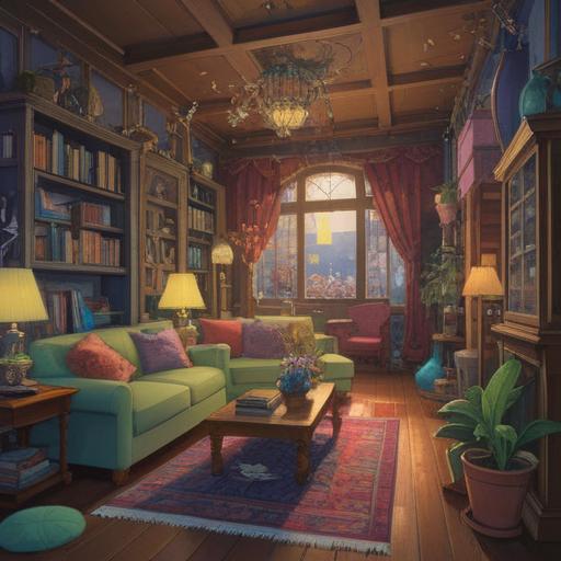 A serene and inviting living room, cluttered items visually representing chaos, soft ethereal light illuminating signs of spiritual awareness, an aura of calmness encouraging organization, subtle energy symbols subtly integrated into the decor, harmonious color palette, cozy atmosphere, 4k