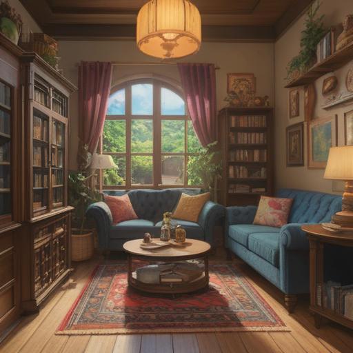 A cozy and inviting living room, sunlight streaming through the window, an elegant organizing basket filled with colorful items, a cute planner and colorful pens on a wooden table, vibrant plants in the corners, a sense of calm and motivation to tidy up, cheerful atmosphere, inviting textures, 4k