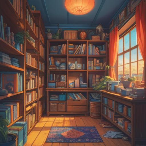 A vibrant illustration depicting the energy of decluttering, a bright and organized room with shelves neatly arranged, sunlight streaming through the window, inspiring quotes on the walls, a person happily sorting through items with a smile, before and after transformation, harmonious color palette, 4k