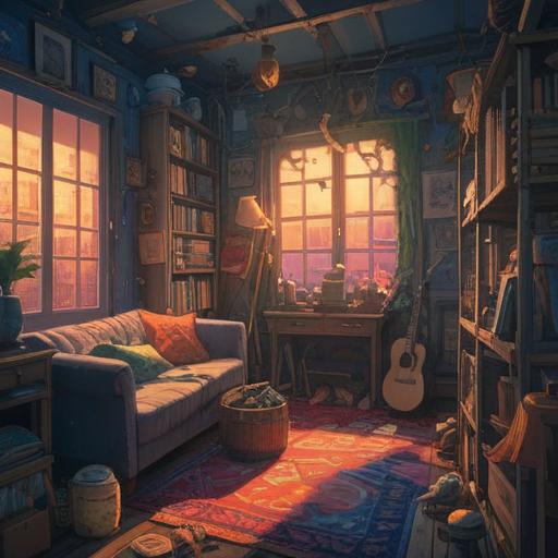 A cluttered room filled with disorganized items, symbolic spiritual signs represented by shadows and light, a sense of chaos contrasting with hidden harmony, cluttered surfaces laden with personal belongings, an aura of reflection and introspection, warm and cool color contrasts, detailed textures showcasing dust and forgotten memories, 4k