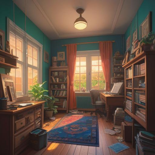A serene illustration depicting a cluttered room transforming into an organized space, warm light filtering through the window, subtle glow around spiritually significant objects, gentle reminders like feathers and crystals, calming aura encouraging tidiness, harmonious colors blending, inviting atmosphere of rejuvenation and clarity, 4k