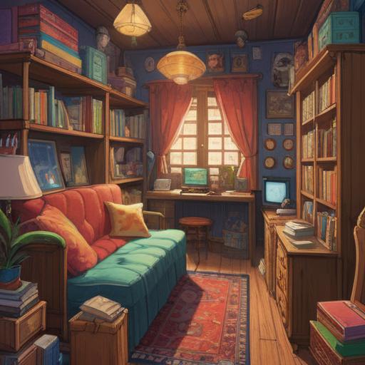 A vibrant and engaging illustration of a cozy room, filled with colorful storage solutions, cheerful character organizing belongings, decorative labels on boxes, playful cleaning supplies, sunlight streaming through the window, a sense of joy and satisfaction in the atmosphere, inviting decor, interactive elements promoting fun in tidying up, 4k