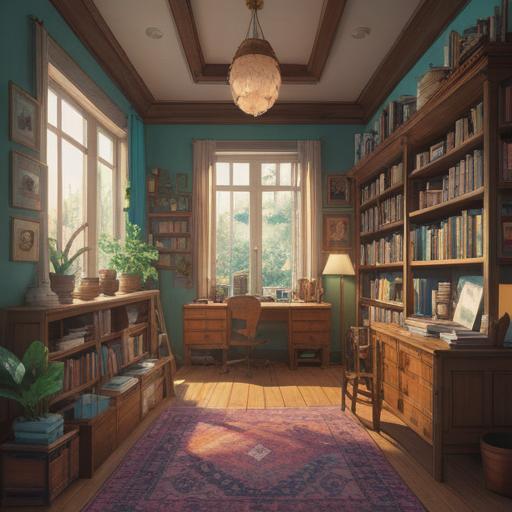 A serene and inviting living space, surrounded by organized shelves, soft natural light filtering through a window, subtle hints of spirituality like crystals and plants, a peaceful ambiance encouraging decluttering, a person reflecting and meditating, gentle energy flow, symbols of mindfulness and serenity, 4k