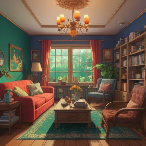 A bright and cheerful illustration of a cozy living room, scattered with various lucky items such as a four-leaf clover, a horseshoe, a lucky cat figurine, and a rabbit’s foot, sunlight streaming through the window, a sense of motivation and positivity, gentle colors, inspiring atmosphere, organized but still homely feel, 4k