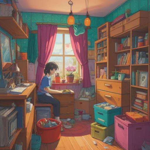A cheerful and vibrant illustration of a person joyfully organizing their cluttered room, surrounded by colorful boxes and labeled containers, motivational posters on the walls, sunlight streaming through the window, a sense of accomplishment and happiness in their expression, inviting and inspiring atmosphere, bright colors, dynamic composition, 4k