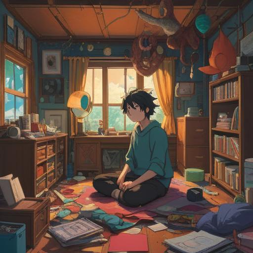 A cluttered room filled with disorganized items, shadows creating a sense of exhaustion, a figure meditating amidst the chaos, soft lighting revealing hidden spiritual energy, swirling colors representing emotional weight, the contrast between chaos and calm, ethereal elements symbolizing release and renewal, 4k