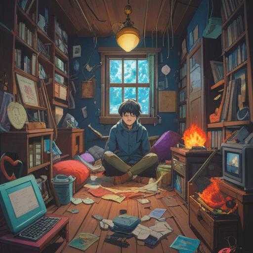 A serene illustration depicting a person surrounded by clutter, showing signs of exhaustion yet experiencing a moment of enlightenment, spiritual symbols subtly incorporated in the background, rays of light breaking through the mess, conveying a sense of clarity and transformation, warm and soothing color palette, peaceful atmosphere, intricate details in the environment, 4k