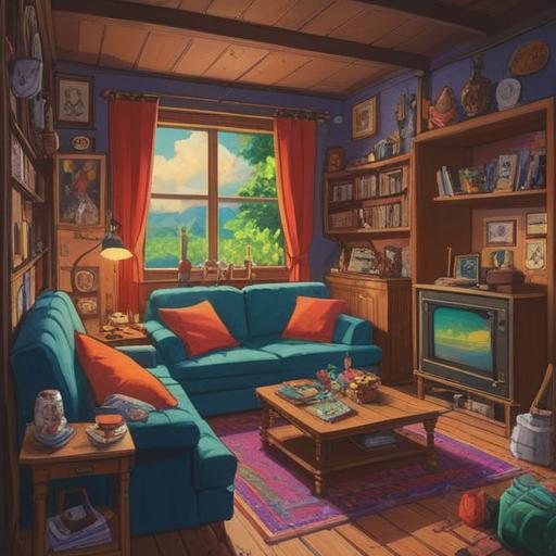 A cozy living room scene, a cluttered space filled with various items, a tired individual taking a break, holding a lucky charm, soft sunlight streaming through the window, plants in the background, a calming atmosphere, motivational quotes on the walls, warm and inviting colors, 4k