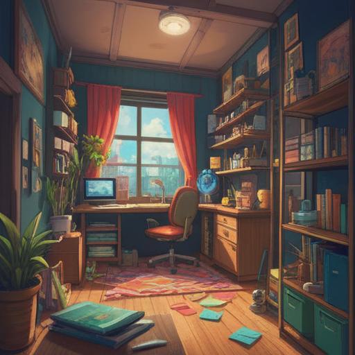 A vibrant illustration of a cheerful workspace, colorful organizational tools, a person joyfully decluttering, motivational quotes on sticky notes, an inviting atmosphere filled with natural light, inspiring and uplifting decor, playful elements like animated characters helping in the tidying process, 4k