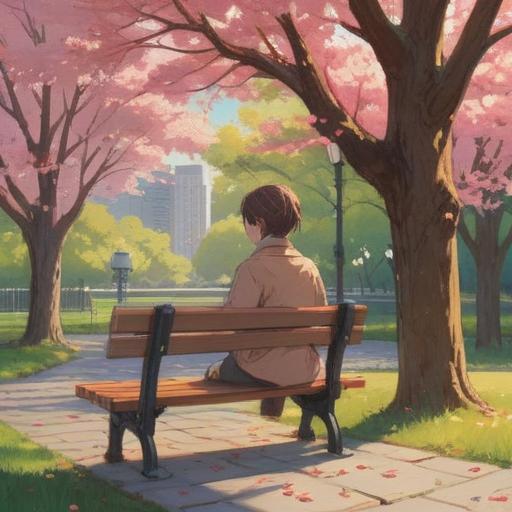 A serene scene depicting a person sitting alone on a park bench under cherry blossoms, a gentle breeze rustling the leaves, ethereal light illuminating the atmosphere, symbols of hope and spirituality subtly integrated in the background, soft expressions reflecting introspection and longing, vibrant colors, harmonious nature, 4k