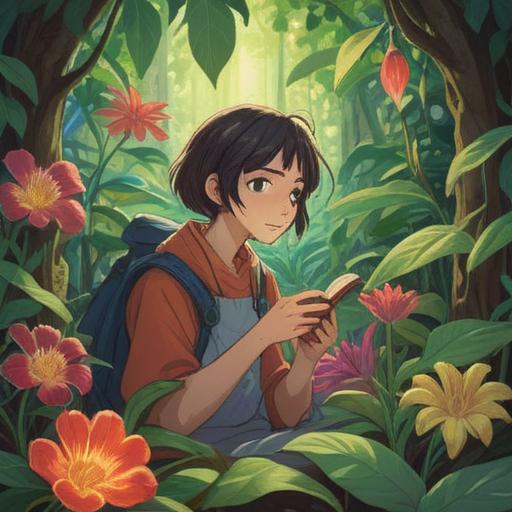 A serene illustration of a person surrounded by fragrant plants, soft sunlight filtering through leaves, feeling a sense of liberation and joy, gentle breeze stirring, rich colors that evoke a sense of calmness, essence of cheerful aromas in the air, clear blue sky, natural beauty, 4k