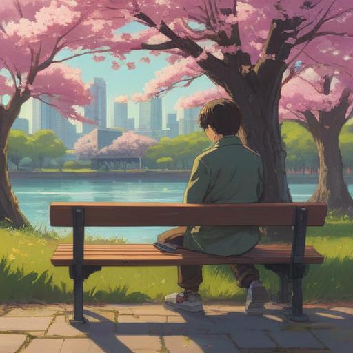A contemplative moment of unrequited love resolution, a person sitting on a park bench under a blooming cherry blossom tree, reflective expression, soft sunlight filtering through the branches, scattered petals around, gentle breeze, internal realization, serene atmosphere, pastel colors, 4k