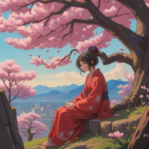 A spiritual representation of unrequited love fatigue, ethereal aura, a figure sitting under a blooming cherry blossom tree, surrounded by floating heart shapes and soft light, deep emotional expression, tranquil setting, hint of melancholy, gentle breeze, harmonious colors, 4k