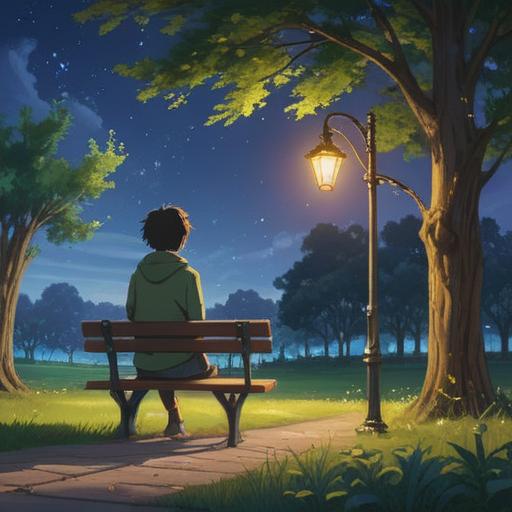 A serene and thoughtful scene, depicting a person sitting alone on a park bench, gazing up at a sky filled with twinkling stars, soft moonlight illuminating their face, subtle aura of energy surrounding them, gentle winds rustling the leaves, symbolic symbols of love and intuition floating around, conveying a sense of introspection and awareness, 4k