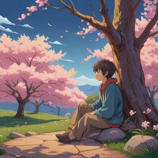 A serene illustration of a young person sitting alone under a cherry blossom tree, gazing at a smooth, glimmering lucky stone in their hand, soft and soothing colors, gentle petals falling around them, a sense of longing and hope, warm sunlight filtering through the branches, peaceful atmosphere, reflective mood, 4k