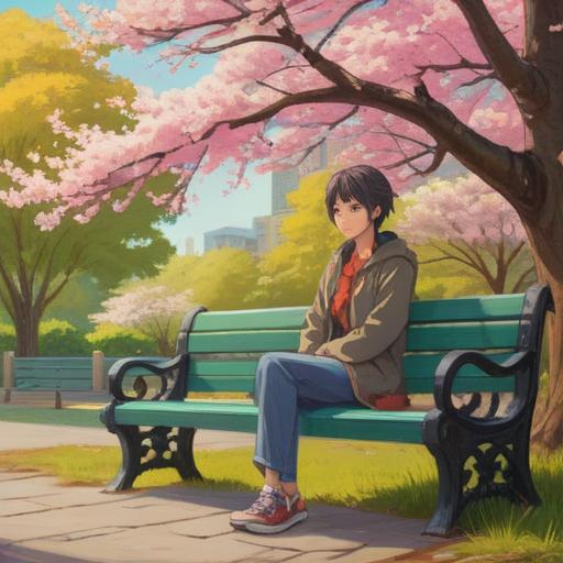 A serene illustration of a person sitting on a park bench, gazing at cherry blossoms, gentle breeze rustling the petals, thoughtful expression, surrounded by soft light, symbolizing hope and longing, a friend sitting nearby offering comfort, warm colors, tranquil atmosphere, emotional depth, 4k