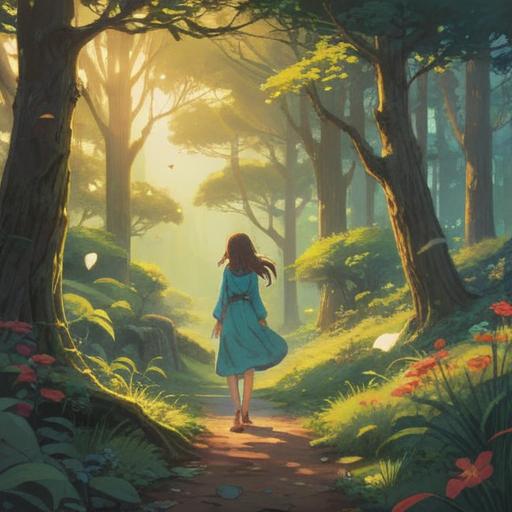 A tranquil scene depicting the moment of letting go of unrequited love, serene landscape, ethereal light filtering through trees, a figure sitting peacefully by a calm lake, surrounded by nature, symbols of spiritual awakening, the release of emotional burdens, a sense of freedom and acceptance, soft focus, warm colors, calming atmosphere