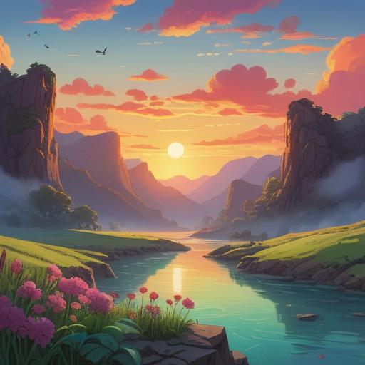 A serene landscape depicting personal liberation and guiding light towards the future, vibrant sunrise illuminating the horizon, flowing river symbolizing freedom, lush green fields representing growth, figures standing together looking forward with hope, gentle breeze creating a sense of tranquility, dreamlike atmosphere, 4k