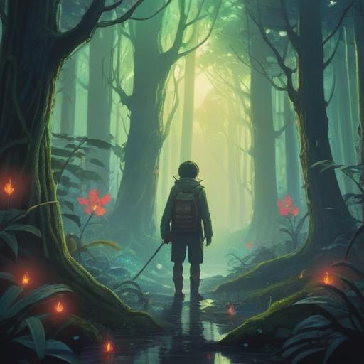 A surreal scene depicting a person encountering a mysterious figure in a dense, misty forest, glowing light emanating from the mysterious figure, symbolizing spiritual guidance, ethereal atmosphere, deep connection with nature, vividly contrasting colors, mystical elements, symbolic representation of transformation, exploration of fears, 4k