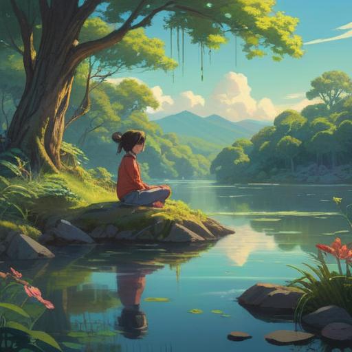 A serene landscape depicting a person meditating by a tranquil lake, surrounded by lush greenery and gentle sunlight filtering through the trees, embodying calmness and mindfulness, soft ripples on the water reflecting the clear blue sky, peaceful atmosphere, harmonious nature elements, 4k
