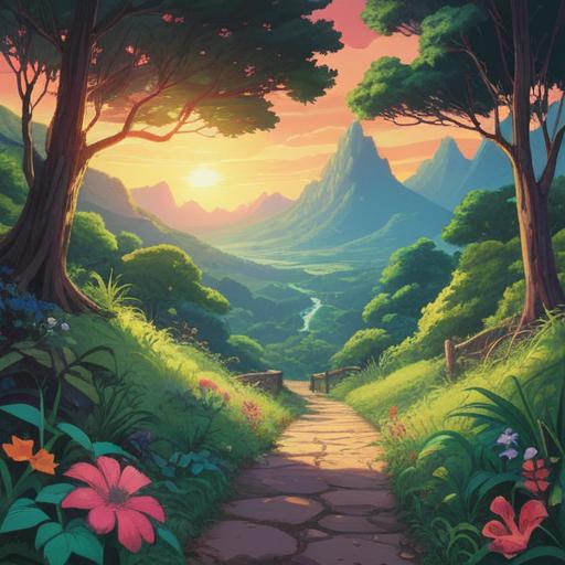A serene and mystical landscape depicting the theme of transformation and change, vibrant colors representing spiritual growth, a path winding through lush greenery, ethereal light illuminating the surroundings, abstract symbols of metamorphosis in the air, tranquil water flowing nearby, a peaceful figure meditating, signs of nature’s cycles, harmonious atmosphere, 4k