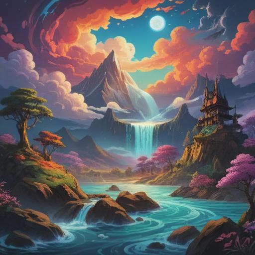 A mystical landscape representing the spiritual meaning of change, vibrant colors reflecting transformation, swirling clouds and flowing water symbolizing transition, silhouettes of trees shedding leaves, ethereal light illuminating the scene, serene atmosphere conveying introspection, intricate details in nature, 4k