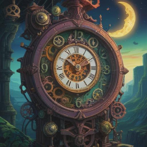 A serene and uplifting illustration of a mystical clock with shifting gears, surrounded by shimmering lucky numbers, enchanting landscapes, vibrant colors, symbols of fortune like four-leaf clovers and shooting stars, a radiant glow, conveying the power of positive change through time, whimsical and inspirational scene, 4k