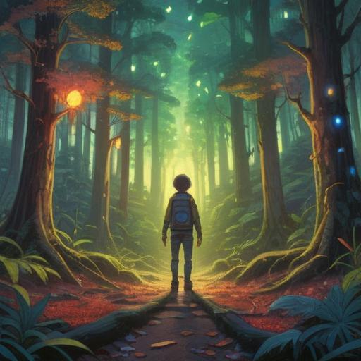 A serene and transformative landscape, depicting a person standing at the crossroads of a forest, vibrant light breaking through the trees, symbols of spiritual awakening in the air, a gentle breeze rustling leaves, a sense of inner peace and self-discovery, colorful flowers representing personal growth, 4k