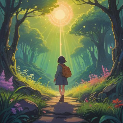 A serene and uplifting illustration, depicting a person standing at a crossroads, surrounded by vibrant nature, a gentle light illuminating their path, symbols of transformation like butterflies and blooming flowers, a sense of peace and hope, ethereal glow, warm colors, spiritual journey, 4k