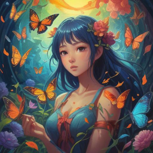 A spiritual illustration representing the desire for transformation, ethereal light, a figure surrounded by vibrant energy, symbolic butterflies and blooming flowers, mystical aura emanating from the character, path of enlightenment, harmony with nature, serene atmosphere, 4k