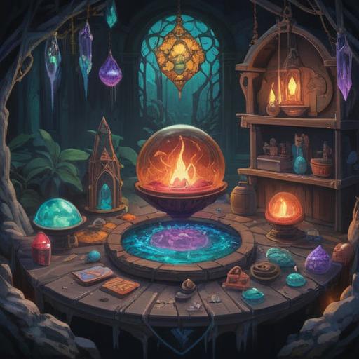 A mystical and inspiring scene, featuring a collection of spiritual lucky items, vibrant crystals and gemstones, ancient symbols, a glowing aura surrounding the items, harmonious colors, enchanting atmosphere, well-organized arrangement of objects, captivating details that convey transformation, serenity and luck, ethereal lighting, 4k