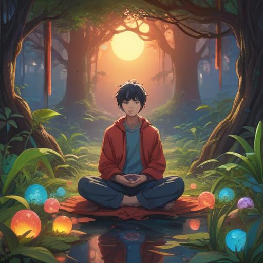 A serene and tranquil scene depicting a person meditating in nature, surrounded by colorful and glowing orbs of light, ethereal plants, a gentle stream flowing nearby, a soft cosmic aura surrounding the figure, symbolizing inner growth and spiritual awakening, lush green trees in the background, peaceful atmosphere, vibrant colors, harmonious composition, 4k