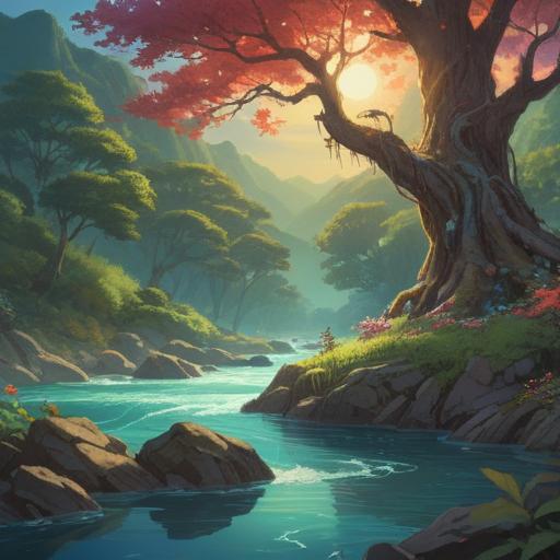 A serene and timeless landscape, depicting an ancient tree symbolizing eternal wisdom, soft light filtering through its leaves, a gentle river flowing peacefully, mountains in the distance, symbolic elements representing the unchanging essence of the human spirit, harmonious colors, tranquil atmosphere, 4k