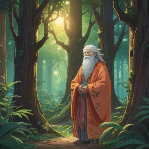 A serene and calming scene depicting a wise elder surrounded by nature, soft sunlight filtering through the trees, subtle glow around the elder, symbols of spirituality like a glowing aura, peaceful expressions, harmonious connection with the environment, uplifting energy, inviting atmosphere, 4k