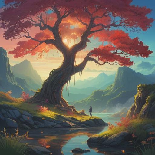 A serene landscape with an ancient tree standing tall, surrounded by ethereal light, symbolic of stability and permanence, subtle signs like feathers and stones scattered around, gentle mist hovering in the air, calm waters reflecting the sky, immersive spiritual atmosphere, deep connection to nature, 4k