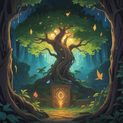 A symbolic representation of personal transformation, featuring an ancient tree with leaves symbolizing growth, a shining lucky charm radiating light, a person looking towards a bright horizon, vibrant colors, a sense of hope and change, intricate details of nature, harmonious balance, 4k
